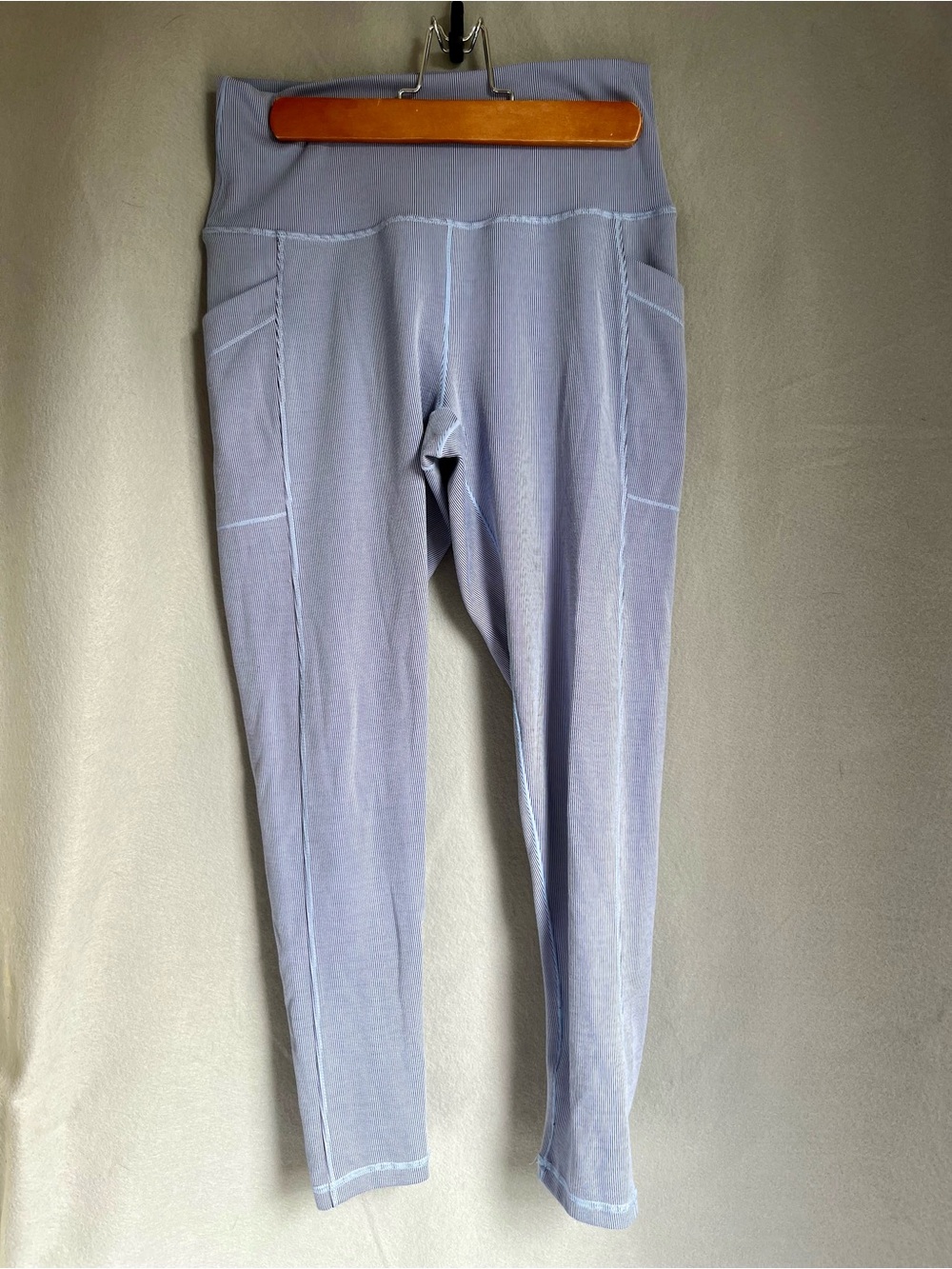 prAna Women’s Ribbed light blue Leggings Large High Rise Pockets Yoga Athletic